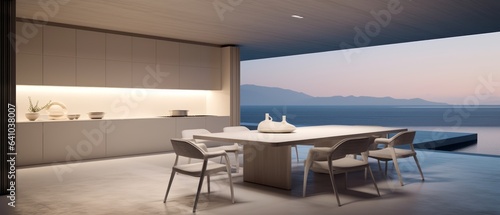 Building Exterior luxury of kitchen room with sea view by generative AI illustration. © MOMO
