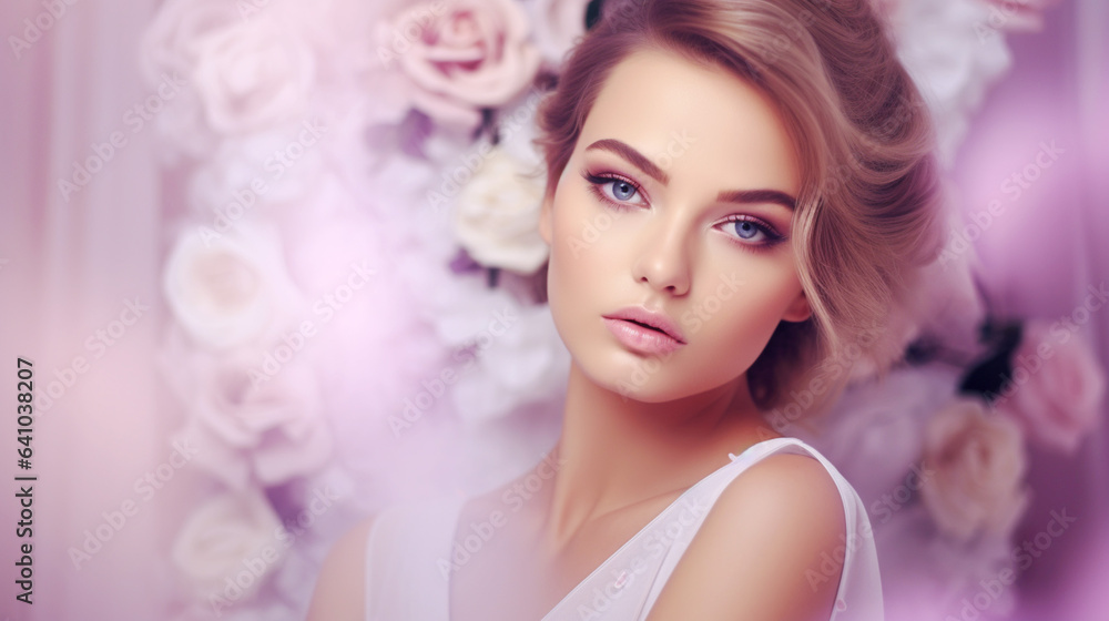 Portrait of beautiful girl in an elegant wedding dress on purple pink background with flowers. Close-up, copy space. Banner