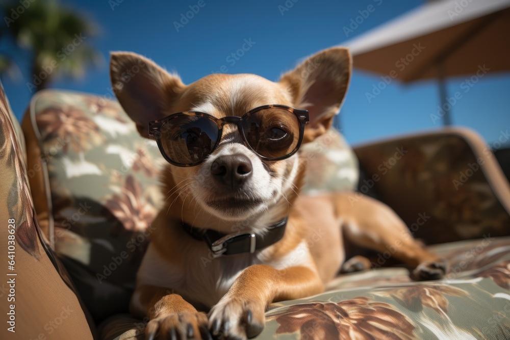 Dog Laid-Back Chihuahua Unwinding on Vacation on the beach. Generative AI