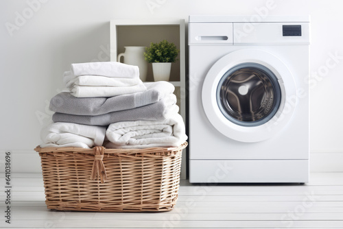 Washing machine and basket with towels in a laundry room photo