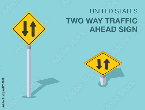 Traffic regulation rules. Isolated United States two way traffic ahead sign. Front and top view. Flat vector illustration template.