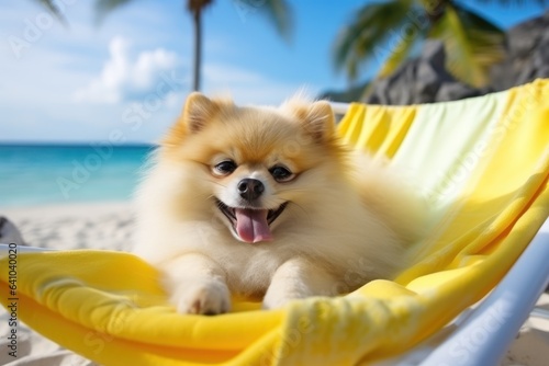 Dog Laid-Back Pomerania Unwinding on Vacation on the beach. Generative AI
