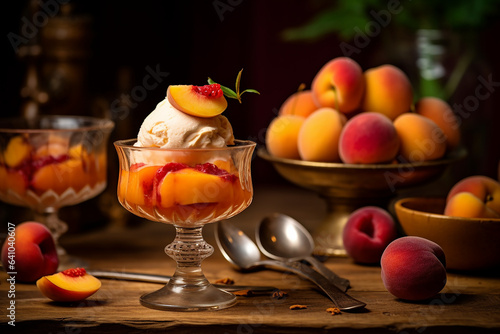 Peach Melba, a dessert of peaches and raspberry sauce with vanilla ice cream