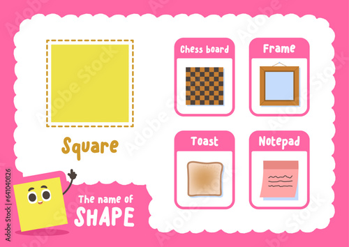 Learning square shape sheet with object cards, illustration cartoon vector design on white background. kid and study game concept.