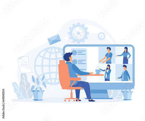 Video conferencing and online communication concept. People group on computer screen taking with colleague. flat vector modern illustration