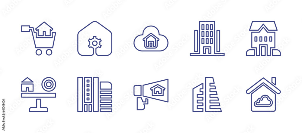 Real estate line icon set. Editable stroke. Vector illustration. Containing cloud computing, real estate, setting, building, sale, apartments, house, smart home, house price, apartment.