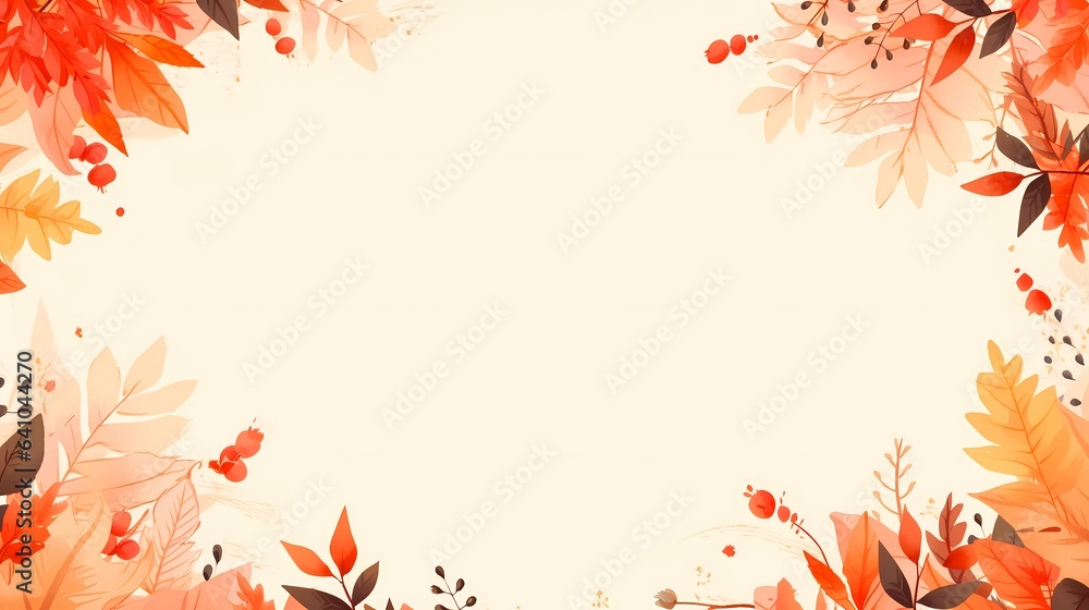 秋の紅葉の背景イラスト、葉と木の実の水彩フレーム