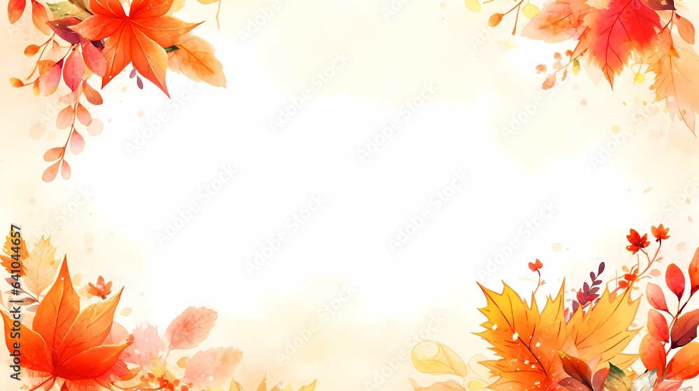 秋の紅葉の背景イラスト、カエデの葉と木の実の水彩フレーム