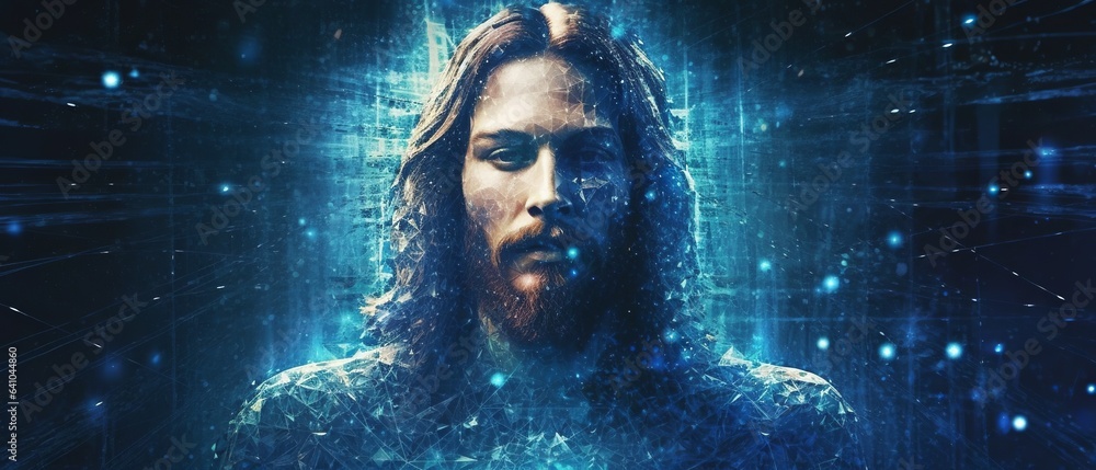 Abstract image of Jesus Christ, blue, futuristic background, Generative ai - obrazy, fototapety, plakaty 