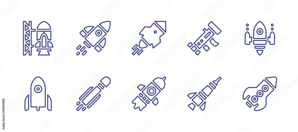 Rocket line icon set. Editable stroke. Vector illustration. Containing rocket launcher, rocket, space ship, rocket ship launch, startup.