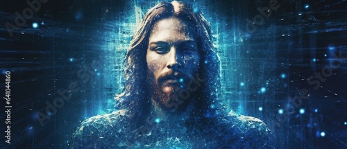 Abstract image of Jesus Christ, blue, futuristic background, Generative ai photo