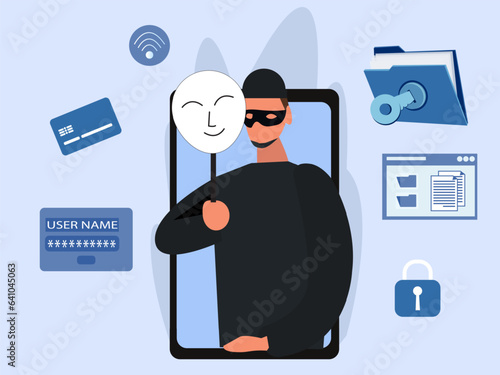 Criminal hacker holding friends mask for hacking on mobile phone screen stealing money ,cyber crime, theft of personal data, password, credit card flat vector illustration.