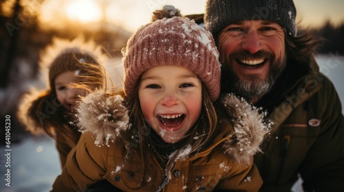 father and child laughing in the falling snowfall 
