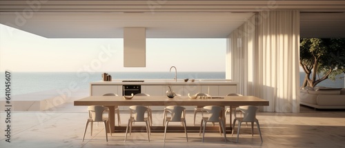 Building Exterior luxury of kitchen room with sea view by generative AI illustration. © MOMO