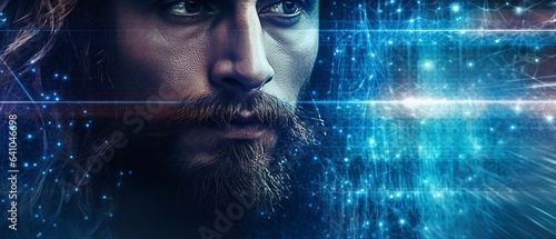 Abstract image of Jesus Christ  blue  futuristic background  Generative ai