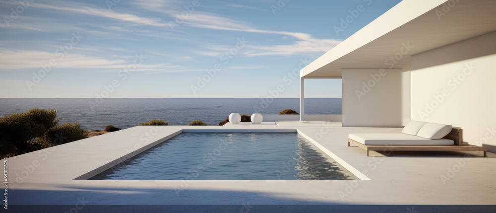 Fototapeta premium Building Exterior luxury of living room with sea view by generative AI illustration.