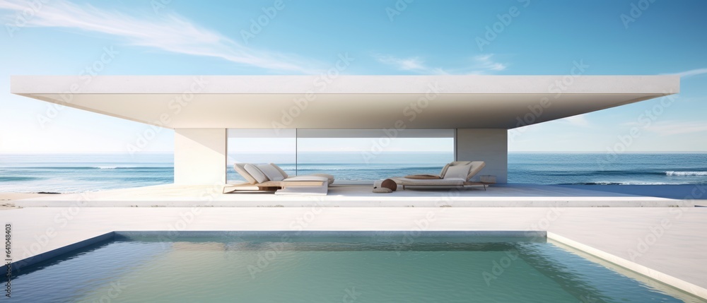 Fototapeta premium Building Exterior luxury of living room with sea view by generative AI illustration.