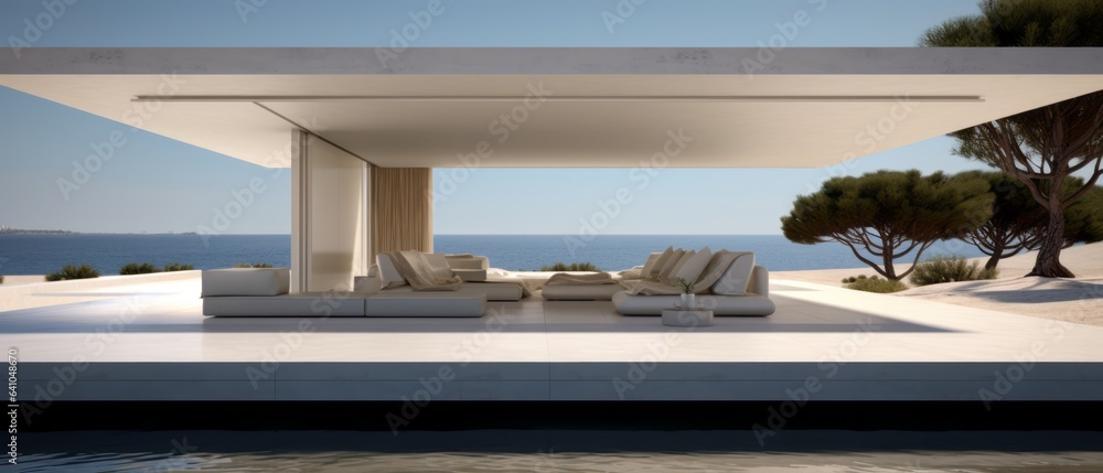 Building Exterior luxury of living room with sea view by generative AI illustration.