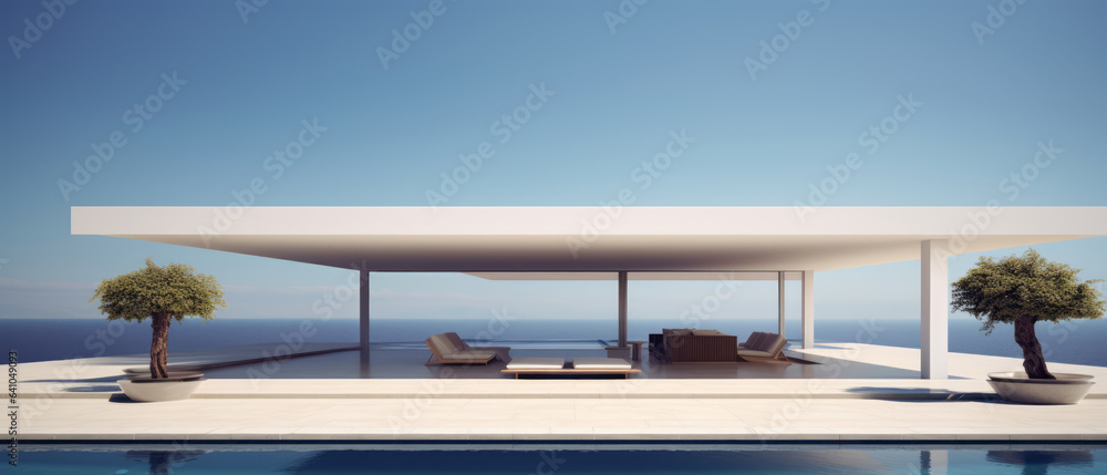 Fototapeta premium Building Exterior luxury of living room with sea view by generative AI illustration.