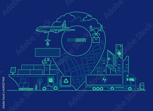 concept of green logistics or transportation technology, graphic of gps pointer with  transportation vehicle