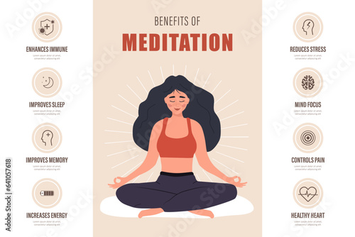 Benefits of meditation infographic. Female character practicing yoga, mental and body wellness. Spiritual and physical practice. Vector illustration in flat cartoon style.