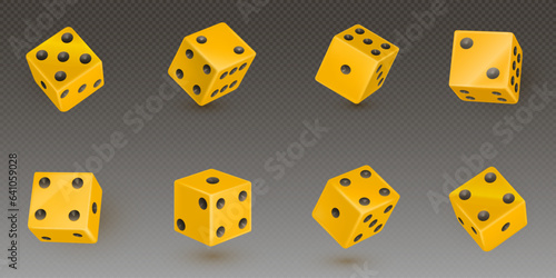 3d casino game play cube roll isolated vector icon. Yellow realistic gambling poker lucky square rolling with five and two dot number set. Gold random gamble gaming entertainment toy pieces with risk
