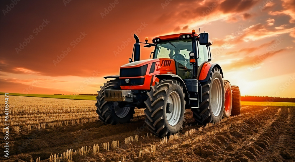 Red tractor working in the field at sunset Red tractor working in the field at sunset
