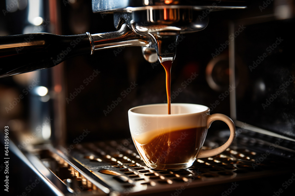 Coffee pouring from espresso machine Coffee pouring from espresso machine