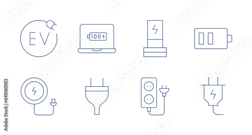Charging icons. editable stroke. Containing power socket, wireless charger, ev, laptop, low battery, plug.