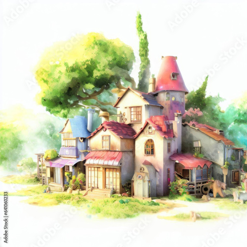 Watercolor illustration of a crumbling old whimsical house in the woods for children's book, greeting cards 