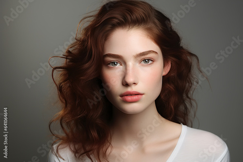 Female natural beauty cosmetics concept, portrait caucasian redhead model youth woman with clean skin looking at camera
