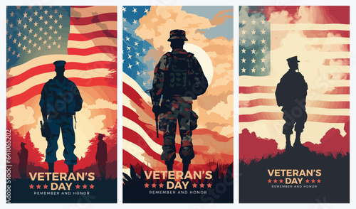 Veterans day illustrations background design with american flag and silhouette of soldier