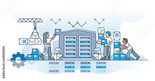 Data warehousing and integrated information management outline concept. Info structure and formatting for effective and fast central repository system vector illustration. Database organization work.