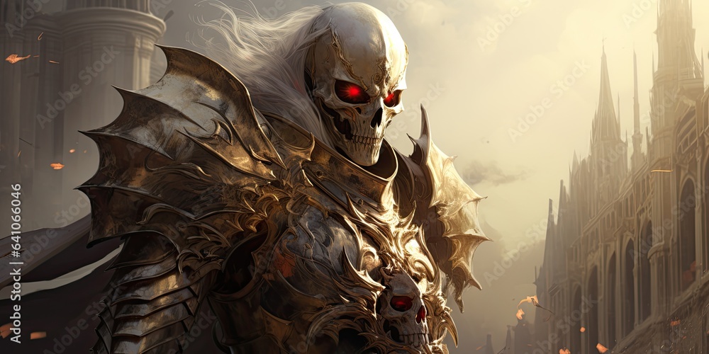 illustration of skeleton knight in armor knight, generative AI - obrazy, fototapety, plakaty 