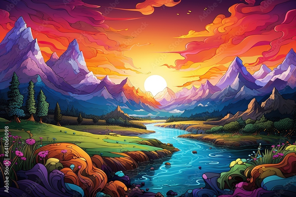 Imaginary Landscapes depict breathtaking vistas that exist realms of creativity. Whimsical terrains, vibrant colors, surreal elements,Generated with AI - obrazy, fototapety, plakaty 