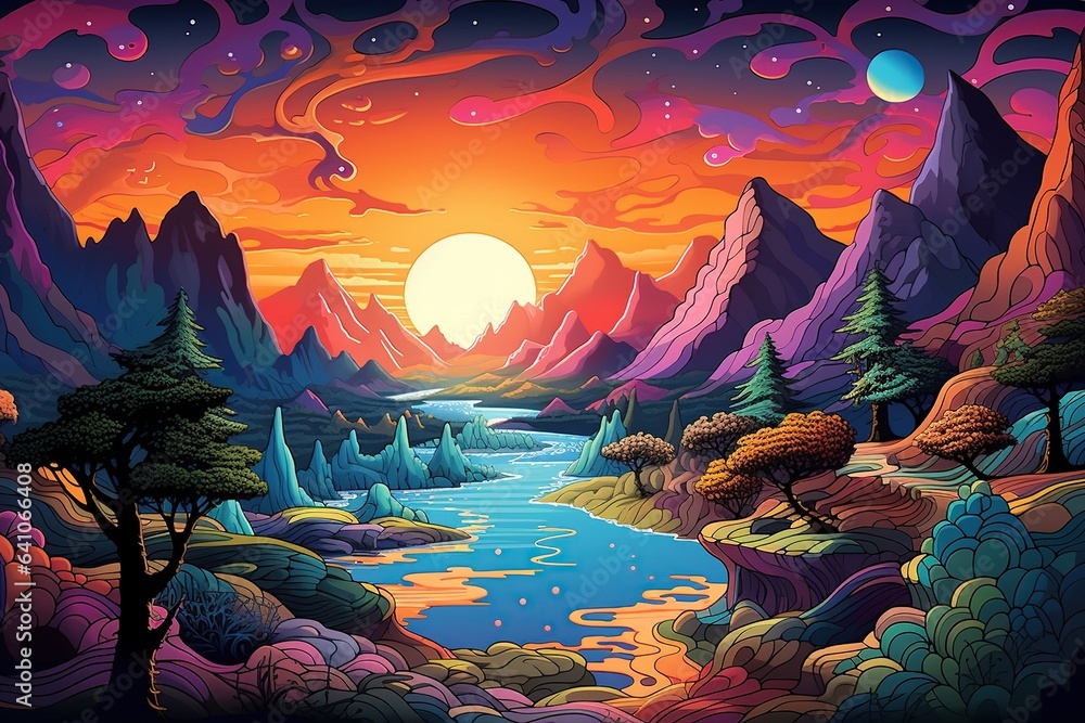 Imaginary Landscapes depict breathtaking vistas that exist realms of creativity. Whimsical terrains, vibrant colors, surreal elements,Generated with AI