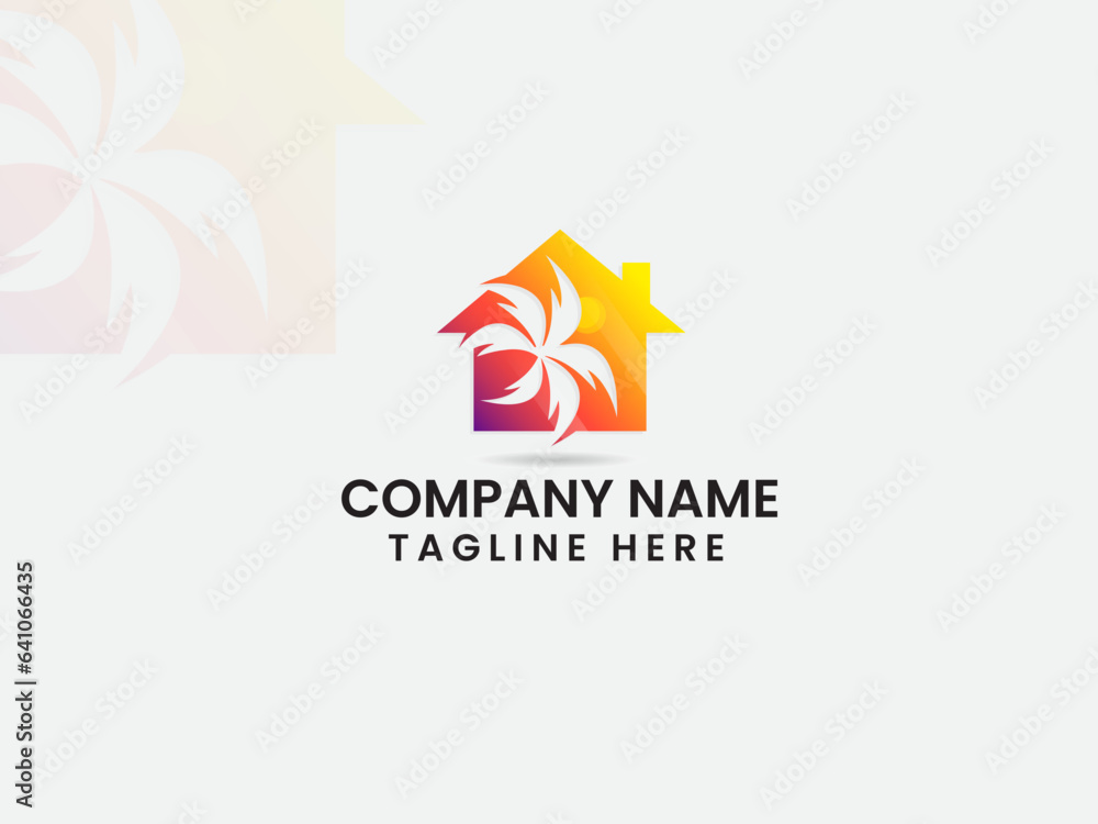 Obraz premium sea home. Beach home logo design. Business. Summer. Beach logo. Real estate. Sea tree. Sunset background. Premium design. Sun. Real estate