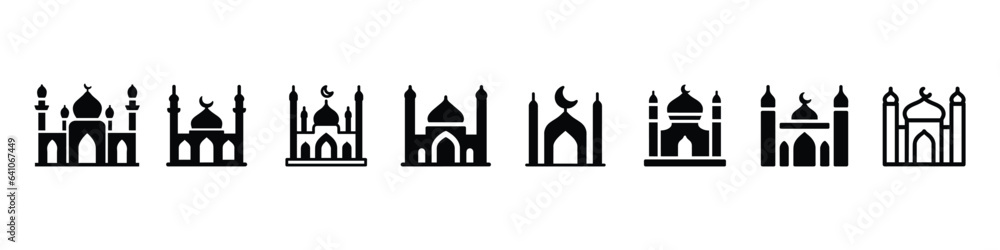 Mosque icon vector. mosque icon set. mosque vector icon flat design. Symbol of a masjid sign, Muslim Mosque flat icons. Thin linear small mosques outline icons religion.