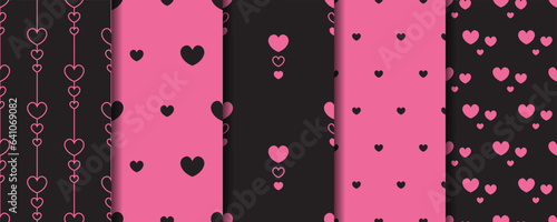 Hearts black and pink seamless patterns set