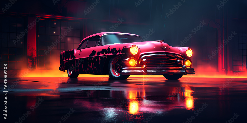 Sports Car On Neon Highway. Powerful supercar on a night track with colorful lights and trails . Speeding Through Neon: Supercar on a Colorful Night Highway