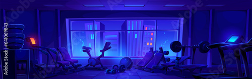 Night sport fitness gym interior vector background. Gymnasium equipment for weight exercise in bodybuilding center. Dark athletic healthcare activity indoor club with neon cityscape view from window