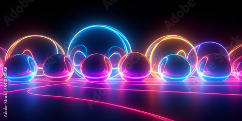 Abstract Background Of Neon Pink Blue And Yellow Circle Plates Rendered In 3d And Reflecting Sunlight