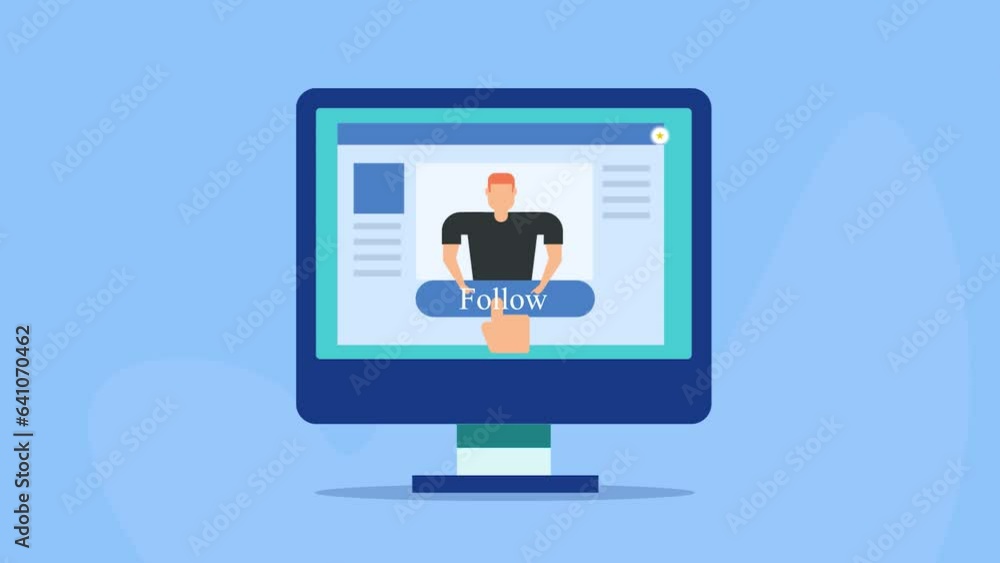 Social media web browser application on computer screen, influencer people with follow message, online internet audience subscribe to social media brand page, marketing animation video. Social media web browser application on computer screen, influencer people with follow message, online internet audience subscribe to social media brand page, marketing animation video.
