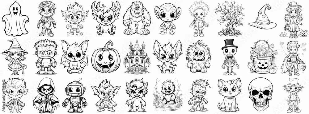 Naklejka premium Halloween coloring pages, 30 Halloween characters, monsters, ghosts, goblins, and monsters, Halloween vector clipart