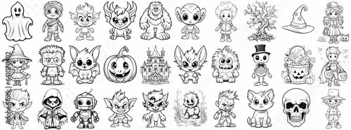 Halloween coloring pages, 30 Halloween characters, monsters, ghosts, goblins, and monsters, Halloween vector clipart