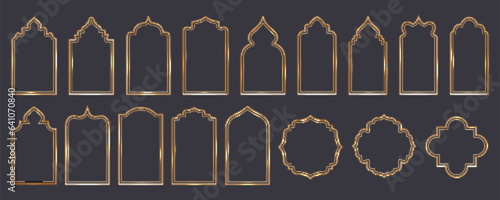 Ramadan window frame shapes. Islamic golden arches. Muslim mosque elements of architecture with ornament. Turkish gates and doors set. Vector