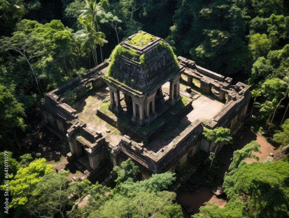 Ruins of an old Temple in the middle of tropical rainforest high altitude aerial view Ruins of an old Temple in the middle of tropical rainforest high altitude aerial view