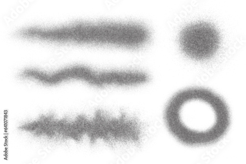 Noise effect with grain texture. Shapes with grain gradient and stipple shadow. Dotted wave of paint. Grunge lines and circles. Vector
