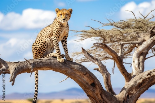 Cheetah sits on tree in Serengeti National Park, Tanzania, Cheetah on a tree in Serengeti National Park, Tanzania, AI Generated photo