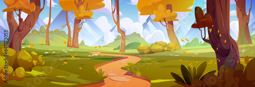Path in autumn forest vector landscape background. Fall valley environment scene with tree, shrub, grass and road. Orange season with sunlight in foliage woodland garden with field panoramic banner.
